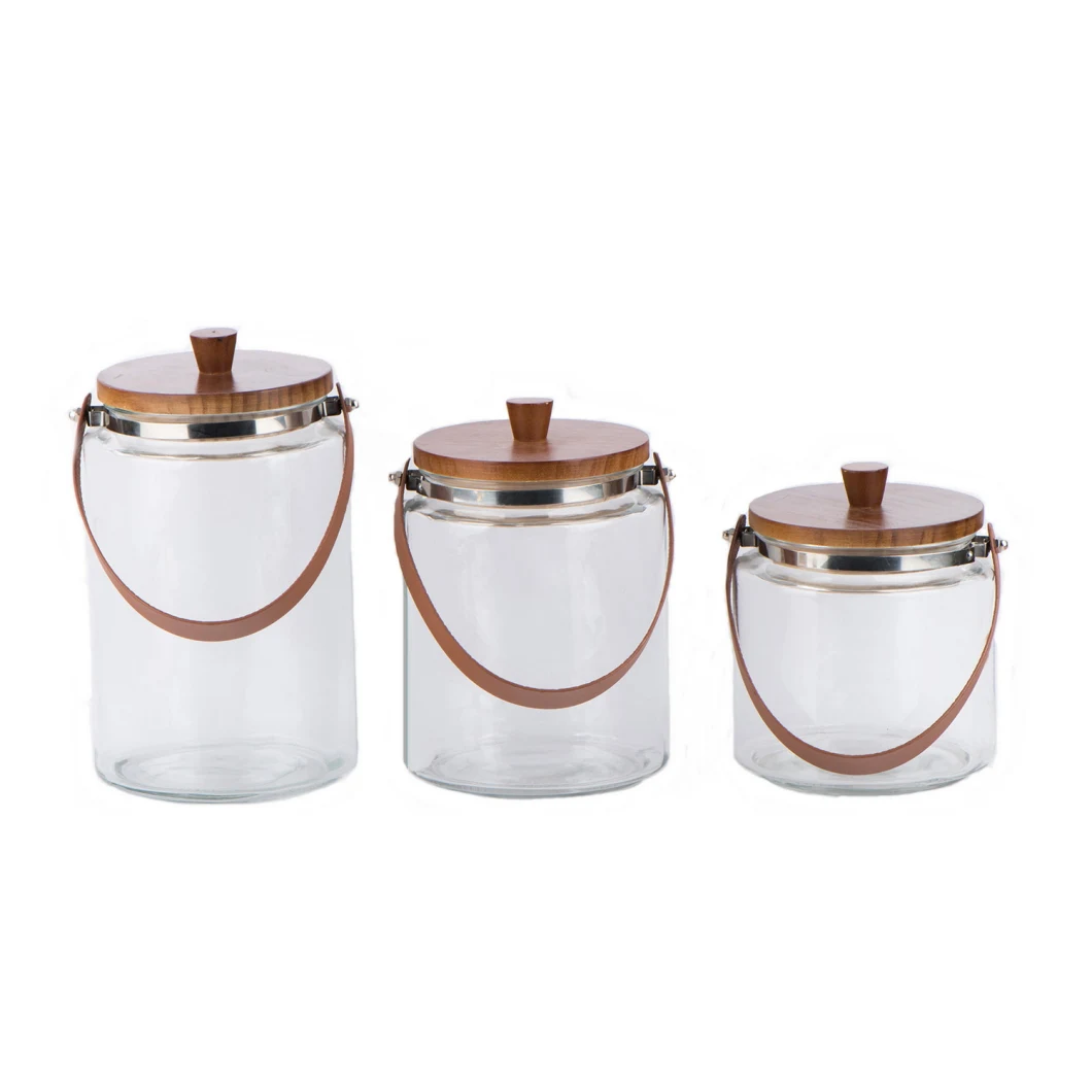 Big Mouth Round Glass Food Canister with Wooden Lid and Leather Handle