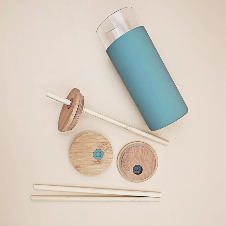500ml High Quality Glass Tumbler with Bamboo Lid Silicone Sleeve and Straw