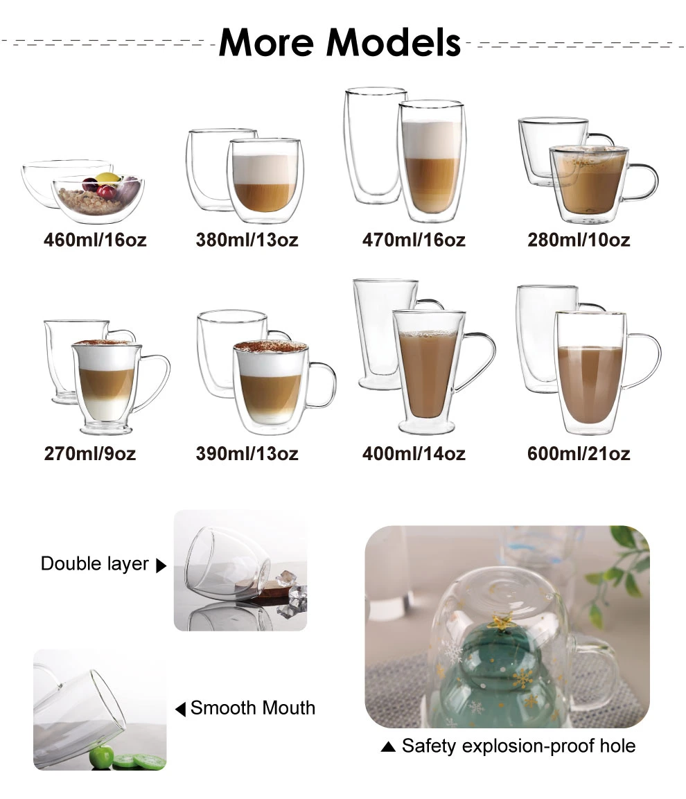 Multi Sizes Heat Resistant Borosilicate Double Wall Glass Mug Cup for Coffee and Tea