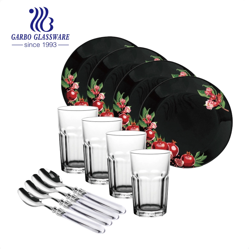 Black Opal Glass Plate with Rock Glass Juice Tumbler Stainless Steel PVC Handle Cutlery Spoon Dinnerware Set