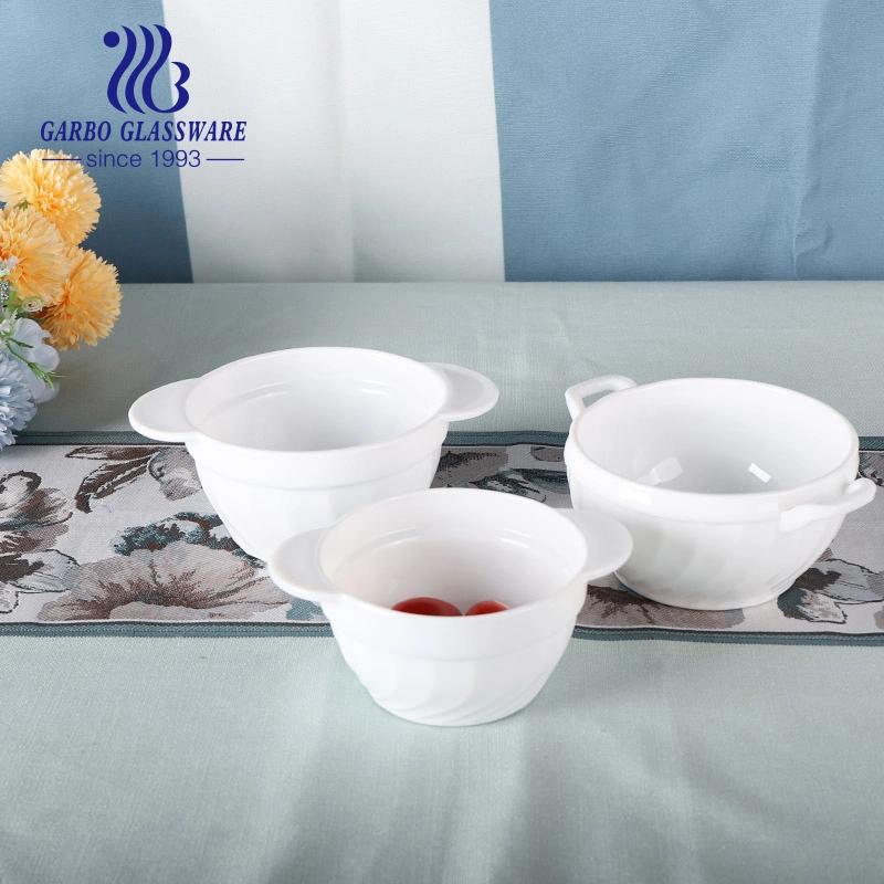 Tableware 450ml 600ml 700ml Round Casserole Opal Glass Salad Bowls White Soup Bowl Rice Bowl with Handle