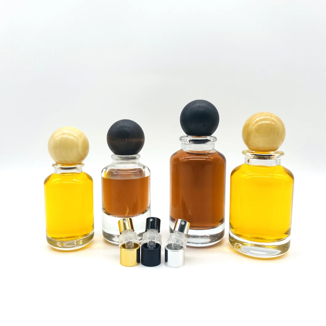 Hot Sell 50ml 100ml Cylinder Glass Perfume Bottle with Round Wooden Cap