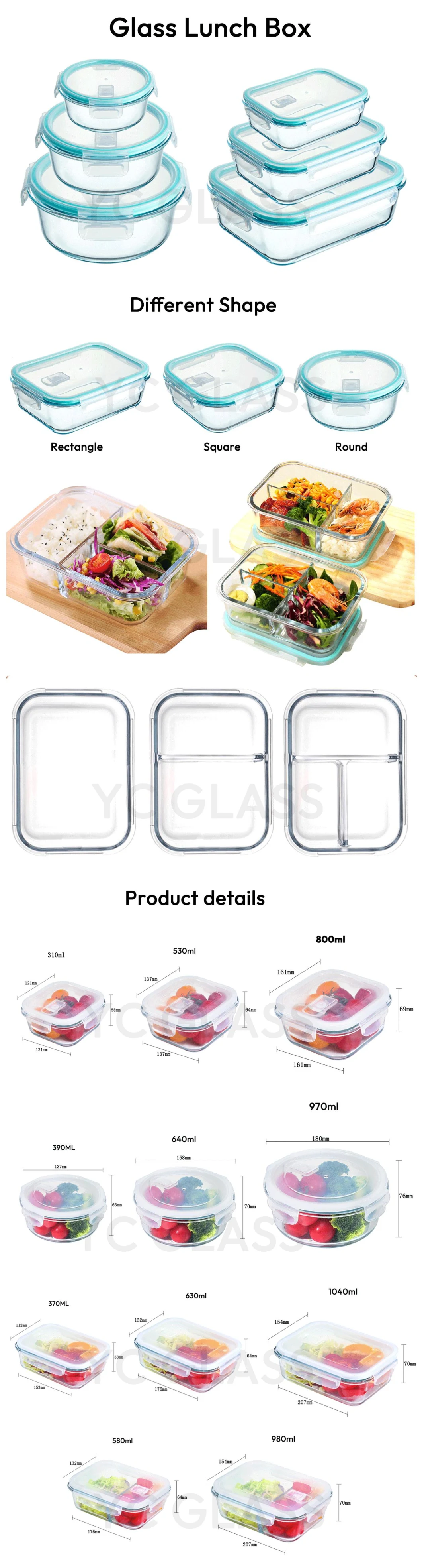 370ml 640ml 800ml 1040ml 1200ml Wholesale Personal Lunch Box Glass Microwave Safe with PP Lid