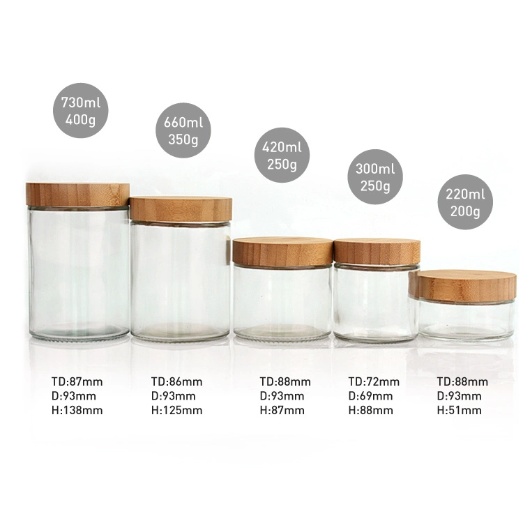 Eco Friendly 220ml 300ml 420ml 660ml 730ml Clear Straight Side Glass Storage Jar Container with Bamboo Lids for Honey Spice