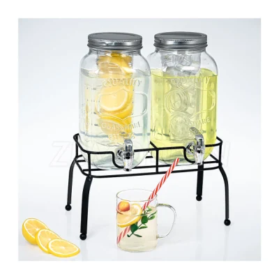 더블 1 갤런 냉수 음료 유리 주스 디스펜서, 나무 칠판, 탭, 음료 용기, 음료 잔이 있는 마시는 주전자