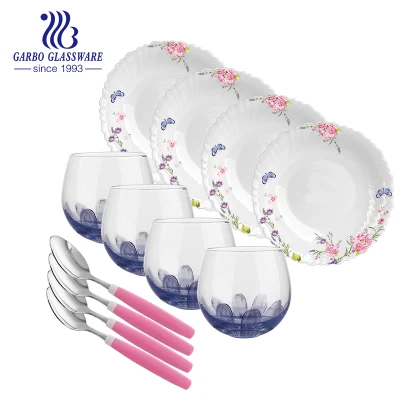 스티커 꽃 주스 위스키 유리 컵 손으로 그린 ​​디자인 410 스테인레스 스틸 식기 식기와 흰색 유백색 유리 접시
