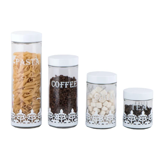 파스타, 커피, 설탕, 차를 담을 수 있는 유리 식품 저장 용기(금속 장식 포함)