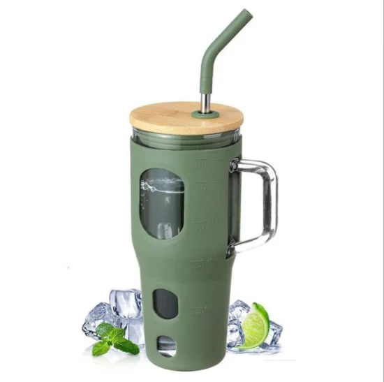 실리콘 뚜껑과 대나무 뚜껑이 있는 BPA 프리 유리컵, 재사용 가능한 유리컵, 음료수 잔